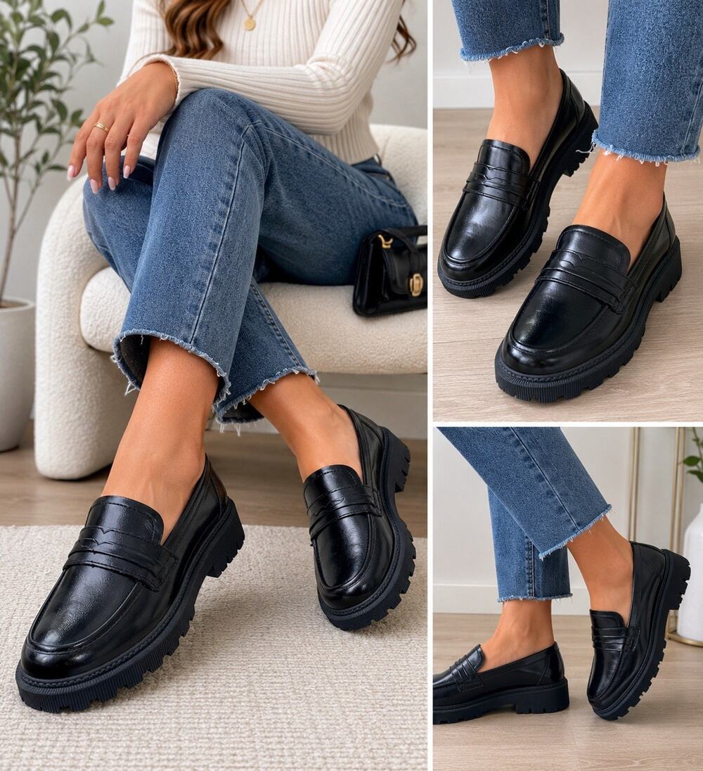 IUYY Women’s Chunky Penny Loafers EU 43 Black Lug Sole Platform Shoes